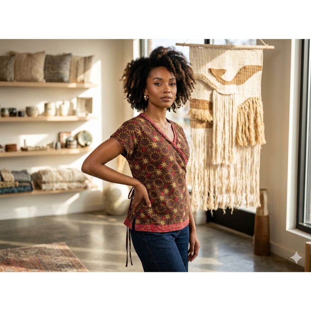 Knot Us Women's Small Brown Scrub Top Celestial Sun Moon Star Print V-Neck